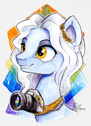 Size: 1024x1420 | Tagged: safe, artist:lailyren, imported from derpibooru, oc, oc only, oc:proskenion, crystal pony, pony, actor, bust, camera, fanfic art, male, portrait, smiling, solo, stallion, traditional art, watercolor painting, yay