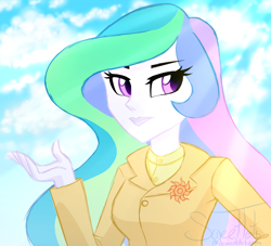 Size: 792x720 | Tagged: safe, artist:sweettots, imported from derpibooru, princess celestia, equestria girls, alternate design, brooch, bust, cutie mark accessory, cutie mark brooch, female, girly, jewelry, pony coloring, portrait, principal celestia, solo