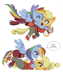 Size: 876x1001 | Tagged: safe, artist:camaleao, imported from derpibooru, applejack, rainbow dash, earth pony, pegasus, pony, appledash, catra, crossover, female, lesbian, she-ra, she-ra and the princesses of power, shipping, speech bubble