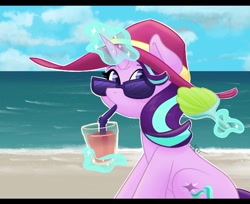 Size: 750x611 | Tagged: safe, artist:cadetredshirt, imported from derpibooru, starlight glimmer, pony, unicorn, beach, clothes, cute, drink, drinking, female, glimmerbetes, hand fan, hat, levitation, looking at you, magic, magical telekinesis, mare, ocean, oversized hat, sand, solo, sunglasses, telekinesis, using magic