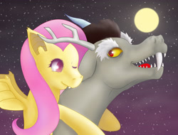 Size: 5235x3969 | Tagged: safe, artist:don random, imported from derpibooru, discord, fluttershy, bat pony, draconequus, pegasus, pony, bat ponified, bat wings, biting, digital art, duo, fangs, female, flutterbat, looking at each other, male, moon, night, one eye closed, open mouth, race swap, sharp teeth, spread wings, teeth, wings