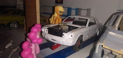 Size: 3264x1546 | Tagged: safe, imported from derpibooru, applejack, pinkie pie, blind bag, car jack, chevrolet impala, dodge van, everfree customs, female, ford mustang, garage, irl, photo, shelf, toy, workbench