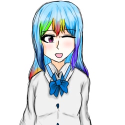 Size: 768x768 | Tagged: safe, artist:rainbow_dash_s, imported from derpibooru, rainbow dash, human, blushing, bowtie, female, humanized, one eye closed, smiling, solo, wink