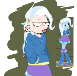 Size: 640x630 | Tagged: safe, artist:golden-80s, imported from derpibooru, trixie, human, equestria girls, rainbow rocks, :p, clothes, female, hand in pocket, hands in pockets, hoodie, human coloration, humanized, lidded eyes, solo, tongue out