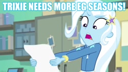 Size: 1280x720 | Tagged: safe, edit, edited screencap, imported from derpibooru, screencap, trixie, equestria girls, equestria girls series, forgotten friendship, caption, image macro, meta, op can't let go, save equestria girls, text, twitter