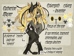 Size: 3000x2270 | Tagged: safe, artist:oweeping, imported from derpibooru, oc, oc only, oc:catherine mayer, cyborg, earth pony, pony, cyber-questria, amputee, augmented tail, boots, cybergoth, eyeshadow, female, goggles, grin, makeup, mare, markings, multicolored hair, outlet, plug, prosthetic leg, prosthetic limb, prosthetics, reference sheet, shoes, smiling, socket, solo, spine, wires