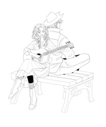 Size: 800x960 | Tagged: safe, artist:bartolomeus_, imported from derpibooru, bright mac, pear butter, human, the perfect pear, 2010s, 2018, bench, brightbutter, clothes, female, guitar, humanized, lineart, male, musical instrument, palindrome get, shipping, sitting, straight