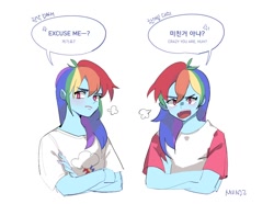 Size: 1074x800 | Tagged: safe, artist:dusty-munji, imported from derpibooru, rainbow dash, equestria girls, 2010s, 2017, angry, blushing, crossed arms, dialogue, english, female, korean, open mouth, solo, speech bubble, translation, tsunderainbow, tsundere