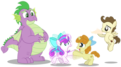 Size: 1280x713 | Tagged: safe, artist:aleximusprime, imported from derpibooru, pound cake, princess flurry heart, pumpkin cake, spike, alicorn, dragon, pegasus, pony, unicorn, fanfic:cheesy as pie, flurry heart's story, bow, colt pound cake, cute, dough, energetic, fat, fat spike, filly, filly flurry heart, filly pumpkin cake, flurrybetes, hands on belly, hyper, meeting, older, older pound cake, older pumpkin cake, shaking, shaking hoof, silly, simple background, transparent background, vector, vibrating like a broken washing machine, winged spike, wings