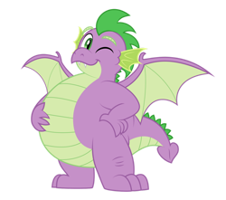 Size: 1280x1133 | Tagged: safe, artist:aleximusprime, imported from derpibooru, spike, dragon, flurry heart's story, adult, adult spike, belly, chubby, cute, fat, fat spike, hand on belly, looking at you, male, older, older spike, one eye closed, plump, simple background, solo, transparent background, vector, winged spike, wings, wink, winking at you