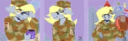 Size: 1280x416 | Tagged: safe, artist:sintacle, imported from derpibooru, derpy hooves, anthro, pegasus, army, balloon, breasts, busty derpy hooves, clothes, coffee, coffee mug, commission, confetti, digital art, emotions, female, glasses, hat, looking at you, mug, party hat, simple background, smiling, smiling at you, solo, spread wings, wings