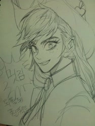 Size: 2448x3264 | Tagged: safe, artist:pigeon666, imported from derpibooru, applejack, equestria girls, 2010s, 2013, applejack's hat, cowboy hat, female, freckles, hat, korean, pencil drawing, smiling, solo, traditional art