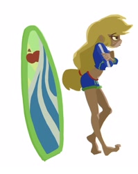 Size: 1819x2286 | Tagged: safe, artist:examonedayago, imported from derpibooru, applejack, blue crushed, equestria girls, equestria girls series, 2010s, 2019, barefoot, clothes, feet, female, simple background, solo, surfboard, swimsuit, white background