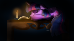 Size: 2048x1152 | Tagged: safe, artist:sadtrooper, imported from derpibooru, twilight sparkle, alicorn, pony, book, candle, eyes closed, female, floppy ears, folded wings, mare, prone, sleeping, smiling, solo, twilight sparkle (alicorn), wings