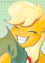 Size: 725x1024 | Tagged: safe, artist:neonkalistar202, imported from derpibooru, applejack, earth pony, pony, 2010s, 2018, applejack's hat, blushing, cowboy hat, cute, eyes closed, female, hat, jackabetes, smiling, solo