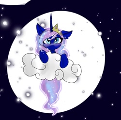 Size: 1080x1072 | Tagged: safe, artist:bellas.den, imported from derpibooru, princess luna, alicorn, pony, 2010s, 2019, cloud, ethereal mane, female, full moon, mare, moon, night, on a cloud, solo, starry mane, stars