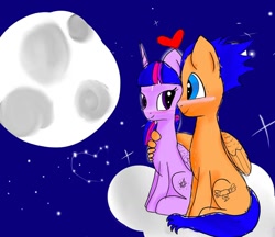 Size: 1080x934 | Tagged: safe, artist:bellas.den, imported from derpibooru, flash sentry, twilight sparkle, alicorn, pony, 2010s, 2019, blushing, cloud, constellation, female, flashlight, full moon, heart, hug, male, mare, moon, night, on a cloud, shipping, smiling, solo, stallion, stars, straight, twilight sparkle (alicorn), winghug