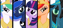 Size: 1280x580 | Tagged: safe, artist:jabuxgirl, imported from derpibooru, princess celestia, princess luna, queen chrysalis, twilight sparkle, oc, oc:princess solar flame, alicorn, changeling, changeling queen, pony, 2010s, 2019, alicorn oc, female, horn, twilight sparkle (alicorn), wings