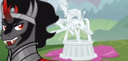 Size: 1248x600 | Tagged: safe, artist:background-conquerer, artist:happyperson14, edit, edited screencap, imported from derpibooru, screencap, cozy glow, king sombra, lord tirek, queen chrysalis, the ending of the end, legion of doom, legion of doom statue, looking back, statue