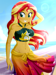 Size: 1430x1900 | Tagged: safe, artist:the-butch-x, imported from derpibooru, sunset shimmer, equestria girls, equestria girls series, adorasexy, arm behind head, beach, beautiful, beautisexy, belly button, bikini, blushing, breasts, busty sunset shimmer, clothes, cloud, crepuscular rays, cute, cutie mark, cutie mark on clothes, exposed belly, female, happy, leaning back, multicolored hair, ocean, outdoors, pier, sand, sarong, sexy, shimmerbetes, shiny skin, sky, smiling, solo, standing, summer, summer sunset, sunlight, sunset shimmer's beach shorts swimsuit, swimsuit, teal eyes