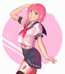 Size: 1050x1180 | Tagged: safe, artist:noah-x3, imported from derpibooru, oc, oc only, oc:neon flare, human, clothes, humanized, humanized oc, midriff, schoolgirl, socks, solo, thigh highs, zettai ryouiki