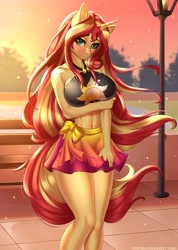 Size: 2850x4000 | Tagged: safe, artist:anxiety-chan, imported from derpibooru, sunset shimmer, anthro, unicorn, adorasexy, arm under breasts, bench, black swimsuit, blushing, breasts, busty sunset shimmer, clothes, cute, cutie mark on clothes, cutie mark swimsuit, ear fluff, jeweled swimsuit, lake, lidded eyes, long hair, looking at you, park, sarong, sexy, shimmerbetes, summer sunset, swimsuit