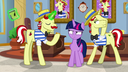 Size: 1920x1080 | Tagged: safe, edit, edited screencap, imported from derpibooru, screencap, flam, flim, svengallop, twilight sparkle, alicorn, earth pony, pony, unicorn, friendship university, the mane attraction, abuse, angry, female, flim flam brothers, implied svengallop, magic, male, mare, punishment, revenge, stallion, svenabuse, twilight sparkle (alicorn)