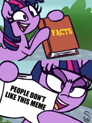 Size: 500x667 | Tagged: safe, imported from derpibooru, twilight sparkle, alicorn, pony, caption, exploitable meme, female, image macro, impact font, meme, solo, text, twilight sparkle (alicorn), twilight's fact book