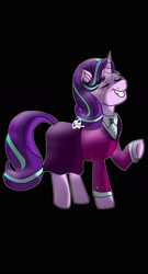 Size: 1080x1998 | Tagged: safe, artist:fantasyworlddraws, imported from derpibooru, starlight glimmer, pony, unicorn, black background, clothes, eyebrows, eyes closed, female, mare, older, older starlight glimmer, raised hoof, simple background, skirt, solo, suit