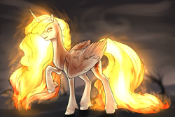 Size: 3200x2145 | Tagged: safe, artist:not-ordinary-pony, derpibooru exclusive, imported from derpibooru, twilight sparkle, alicorn, pony, the last problem, alternate timeline, angry, ashlands timeline, barren, female, implied genocide, mane of fire, mare, post-apocalyptic, princess twilight 2.0, raised hoof, rapidash twilight, solo, twilight sparkle (alicorn), wasteland