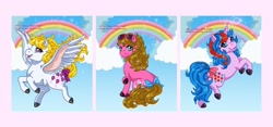 Size: 1024x480 | Tagged: safe, artist:honeykitten, imported from derpibooru, buttons (g1), shady, surprise, pony, bow, g1, surprise (g1), tail bow