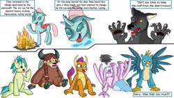 Size: 1280x720 | Tagged: safe, artist:termyotter, imported from derpibooru, gallus, ocellus, sandbar, silverstream, smolder, yona, changedling, changeling, classical hippogriff, dragon, earth pony, griffon, hippogriff, pony, werewolf, wolf, yak, bow, cloven hooves, colored hooves, dragoness, faint, female, fire, hair bow, jewelry, male, monkey swings, necklace, raised hoof, shapeshifting, simple background, student six, teenager, white background