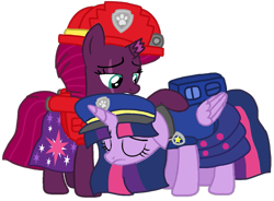 Size: 1357x1000 | Tagged: safe, alternate version, artist:徐詩珮, imported from derpibooru, fizzlepop berrytwist, tempest shadow, twilight sparkle, alicorn, pony, unicorn, series:sprglitemplight diary, series:sprglitemplight life jacket days, series:springshadowdrops diary, series:springshadowdrops life jacket days, alternate universe, background removed, backpack, base used, broken horn, chase (paw patrol), clothes, cute, cutie mark, cutie mark on clothes, dress, eye scar, eyelashes, eyes closed, female, frown, hat, helmet, horn, lesbian, marshall (paw patrol), paw patrol, paw prints, raised hoof, scar, shipping, simple background, tempestbetes, tempestlight, transparent background, twiabetes, twilight sparkle (alicorn)