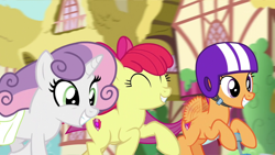 Size: 1920x1080 | Tagged: safe, imported from derpibooru, screencap, apple bloom, scootaloo, sweetie belle, growing up is hard to do, cutie mark, cutie mark crusaders, older, the cmc's cutie marks