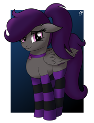 Size: 990x1290 | Tagged: safe, artist:ngnir, imported from derpibooru, oc, oc only, oc:violet shade, pegasus, pony, abstract background, choker, clothes, female, freckles, mare, socks, solo, striped socks