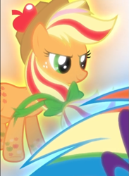 Size: 435x595 | Tagged: safe, imported from derpibooru, screencap, applejack, rainbow dash, earth pony, pony, twilight's kingdom, cropped, female, glow, glowing, offscreen character, rainbow power, rainbow power-ified, smiling, solo, solo focus