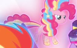 Size: 734x464 | Tagged: safe, imported from derpibooru, screencap, pinkie pie, pony, twilight's kingdom, cropped, female, floating, glow, glowing, rainbow power, rainbow power-ified, smiling, solo