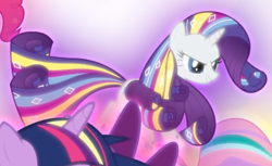 Size: 776x476 | Tagged: safe, imported from derpibooru, screencap, rarity, pony, twilight's kingdom, cropped, female, floating, glow, glowing, rainbow power, rainbow power-ified, smiling, solo