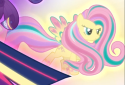 Size: 692x470 | Tagged: safe, imported from derpibooru, screencap, fluttershy, pony, twilight's kingdom, cropped, female, floating, glow, glowing, rainbow power, rainbow power-ified, smiling, solo