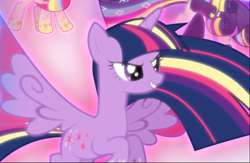 Size: 964x629 | Tagged: safe, imported from derpibooru, screencap, twilight sparkle, alicorn, pony, twilight's kingdom, cropped, determined, female, floating, glow, glowing, rainbow power, rainbow power-ified, smiling, solo, twilight sparkle (alicorn)