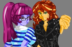 Size: 1280x828 | Tagged: safe, artist:jennobasilicum, imported from derpibooru, sci-twi, sunset shimmer, twilight sparkle, equestria girls, alternate hairstyle, anatomically incorrect, breasts, clothes, eyeshadow, female, glasses, gray background, jacket, leather jacket, lesbian, makeup, scitwishimmer, shipping, shirt, simple background, smiling, smirk, sunsetsparkle, thumbs down