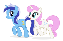 Size: 1770x1152 | Tagged: safe, artist:third uncle, artist:three uncle, imported from derpibooru, minuette, twinkleshine, pony, unicorn, it's about time, background pony, duo, duo female, female, mare, simple background, smiling, transparent background, walking