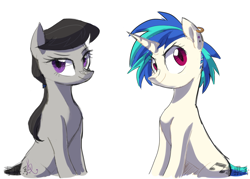 Size: 1400x1000 | Tagged: safe, artist:yaaaco, artist:yaco, imported from derpibooru, dj pon-3, octavia melody, vinyl scratch, earth pony, pony, unicorn, alternate hairstyle, duo, ear piercing, earring, female, jewelry, lesbian, mare, piercing, scratchtavia, shipping, simple background, smiling, smirk, white background