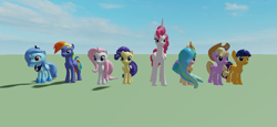 Size: 907x417 | Tagged: safe, imported from derpibooru, applejack, fluttershy, pinkie pie, princess celestia, princess luna, rainbow dash, rarity, twilight sparkle, pony, 3d, accessory swap, alternate hairstyle, mane six, mane swap, royal sisters, s1 luna, sisters