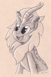 Size: 3335x5037 | Tagged: safe, artist:peruserofpieces, imported from derpibooru, cinder glow, summer flare, kirin, bust, female, happy, horn, pencil drawing, scales, smiling, solo, toned paper, traditional art