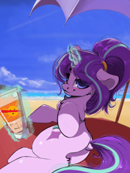 Size: 2048x2730 | Tagged: safe, artist:skitsniga, artist:skitsroom, imported from derpibooru, starlight glimmer, pony, unicorn, alternate hairstyle, beach, blushing, butt, cheek fluff, chest fluff, dock, female, glimmer glutes, glowing horn, horn, leg fluff, magic, ocean, plot, sand, solo, summer, sunblock, sunscreen, telekinesis