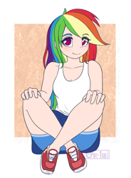 Size: 994x1351 | Tagged: safe, artist:puetsua, color edit, edit, editor:michaelsety, imported from derpibooru, rainbow dash, human, equestria girls, anime, blushing, breasts, clothes, crossed legs, cute, dashabetes, eye clipping through hair, female, hands on knees, happy, human coloration, humanized, light skin, light skin edit, long hair, multicolored hair, no pupils, no socks, patterned background, pink eyes, rainbow hair, shoes, shorts, sitting, sitting on floor, skin color edit, small breasts, smiling, sneakers, solo, sporty style, tanktop, tomboy, watermark