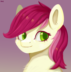 Size: 1580x1600 | Tagged: safe, artist:ske, imported from derpibooru, roseluck, earth pony, pony, bust, ear fluff, female, flower, gradient background, looking at you, mare, rose, solo