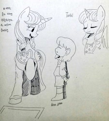 Size: 923x1024 | Tagged: safe, artist:neonkalistar202, imported from derpibooru, alicorn, human, pony, clothes, crossover, eyes closed, frisk, korean, ponified, smiling, toriel, traditional art, undertale