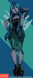 Size: 425x1000 | Tagged: safe, alternate version, artist:srasomeone, imported from derpibooru, queen chrysalis, changeling, changeling queen, equestria girls, clothes, dress, equestria girls-ified, female, fishnets, green eyes, looking at you, patreon, solo, url